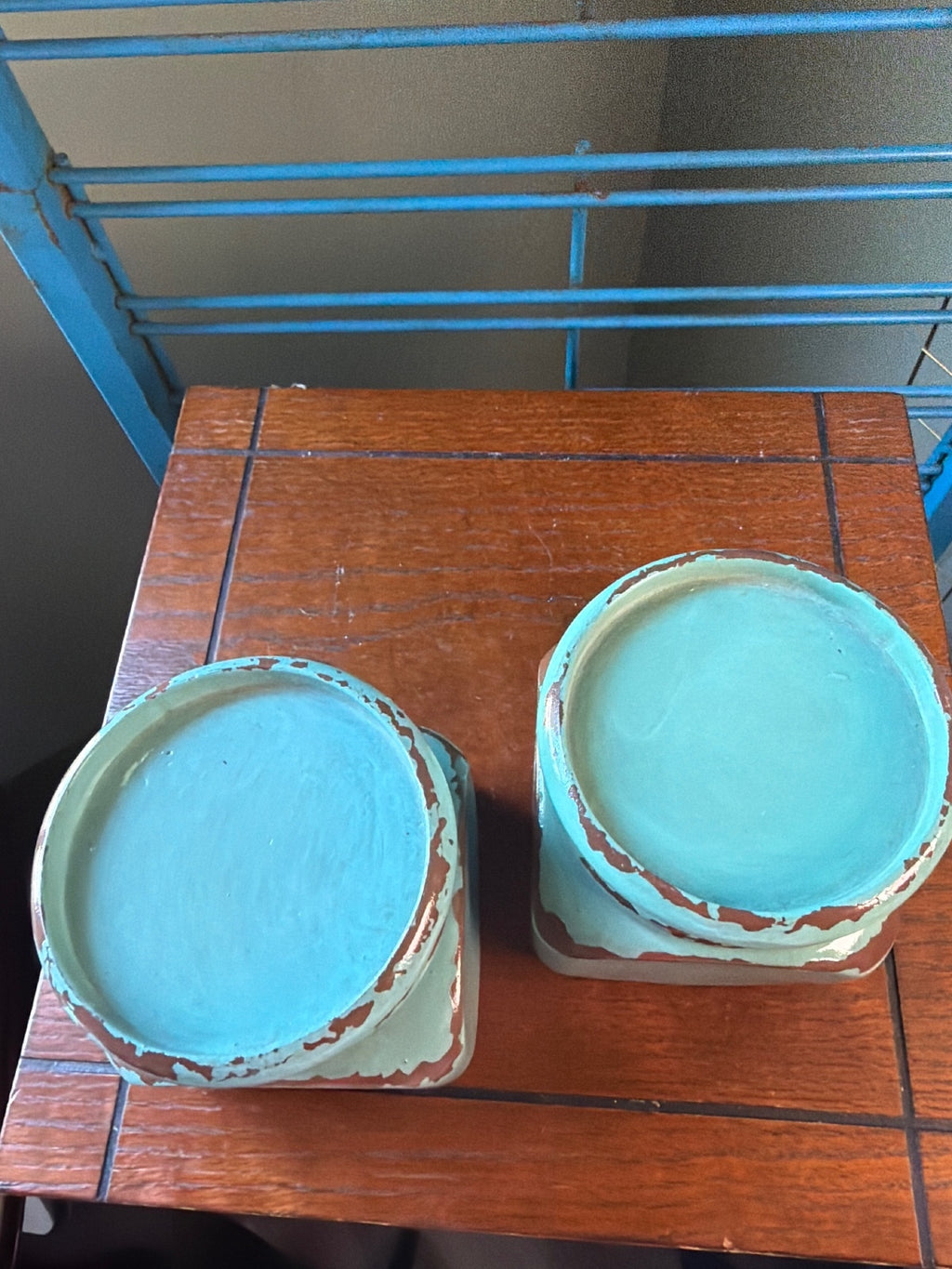 Pair of Vintage Distressed Turquoise Candle Holders