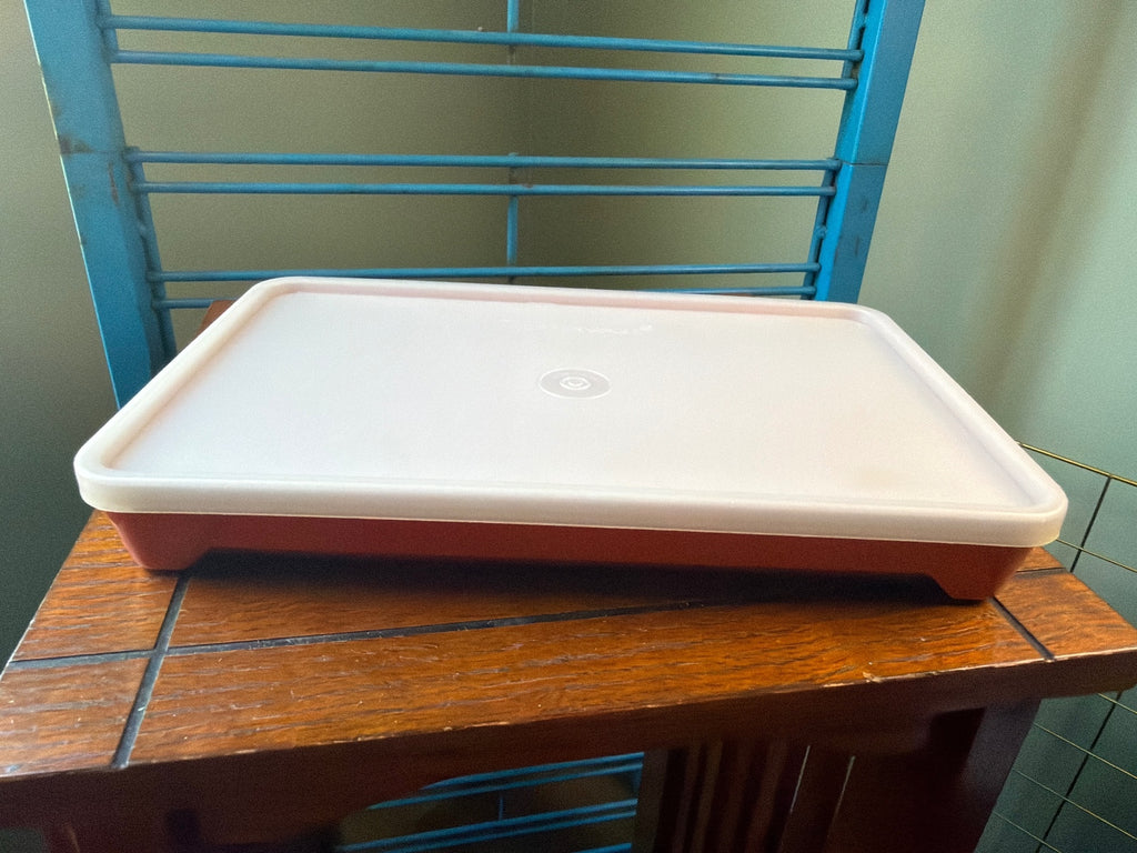 Vintage Tupperware Red and White Plastic Waffle Maker Tray with Lid