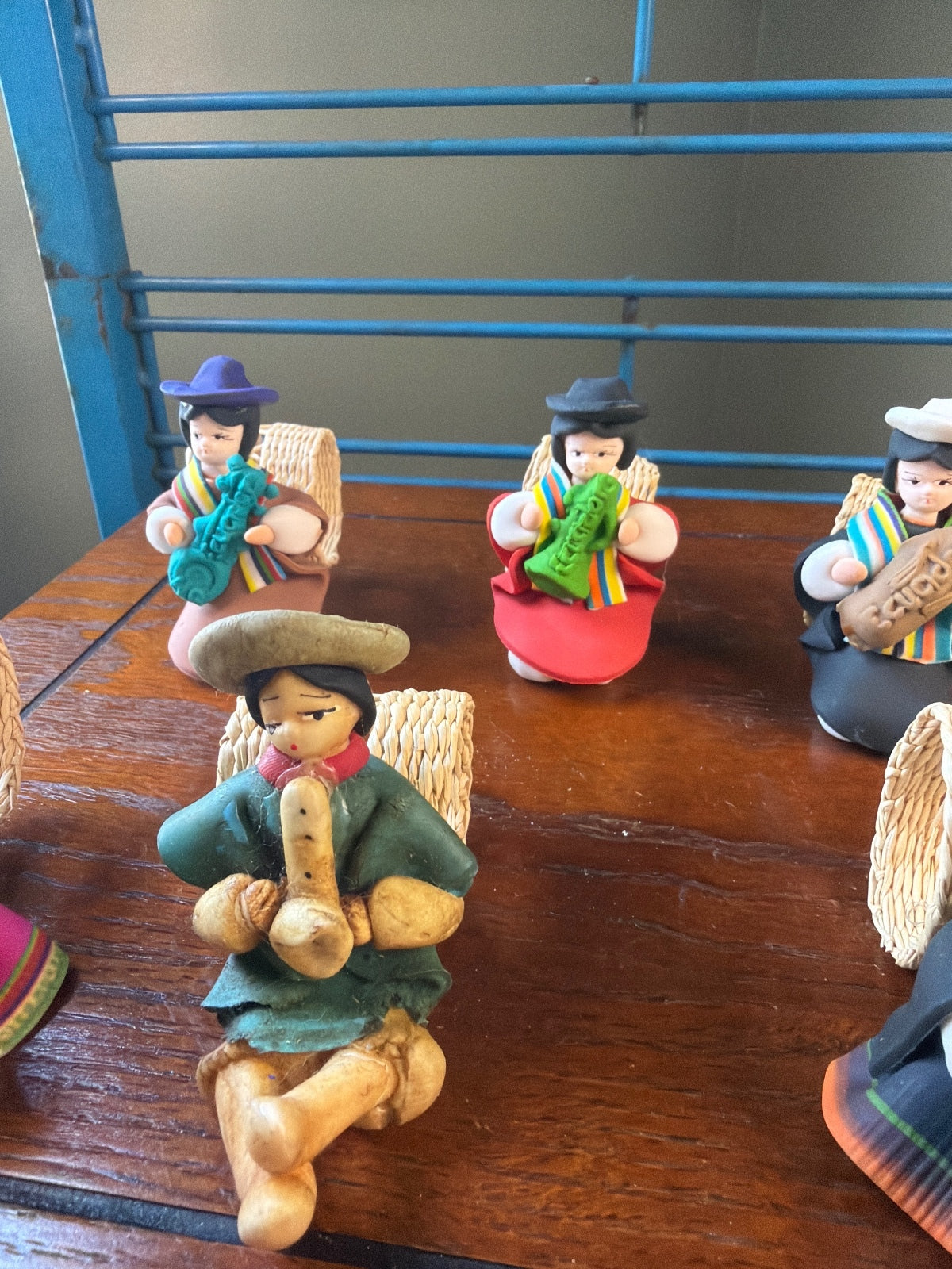 Set of 6 Handmade Peruvian Clay Figurines with Traditional Dress and Instruments