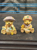 Pair of Vintage Cherub Bear Figurines with Hats and Springtime Theme