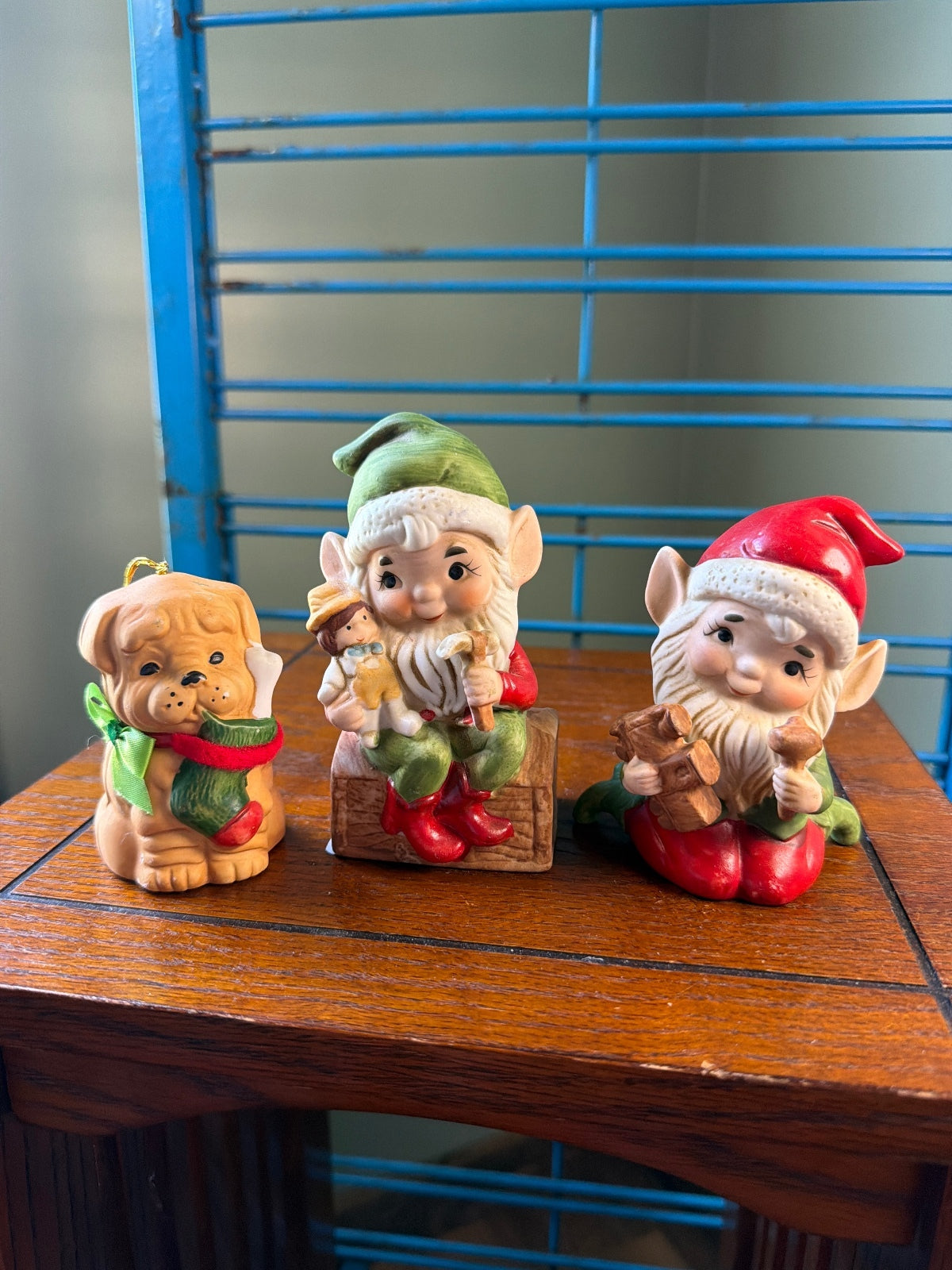 Set of 3 Vintage Christmas Figurines - Elves and Puppy