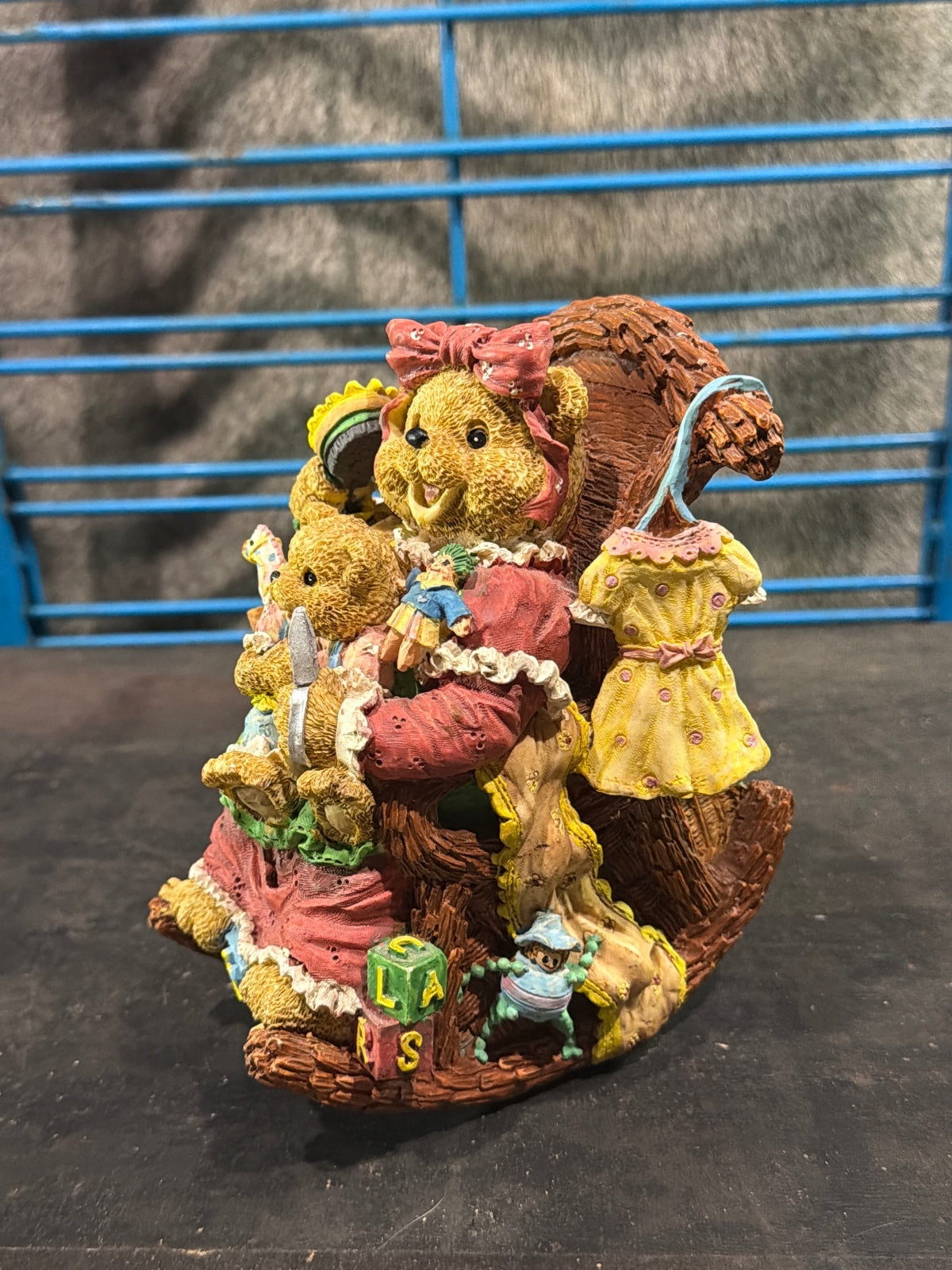 Vintage Teddy Bear Family Music Box Figurine with Rocking Chair