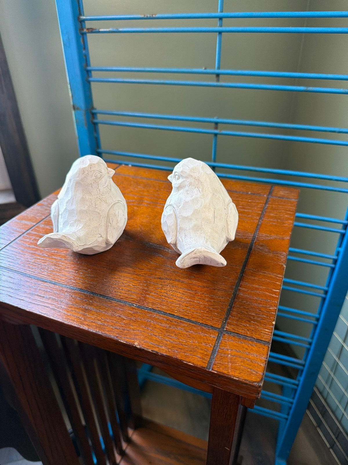 Hand-Carved White Wooden Bird Figurines Set of 2