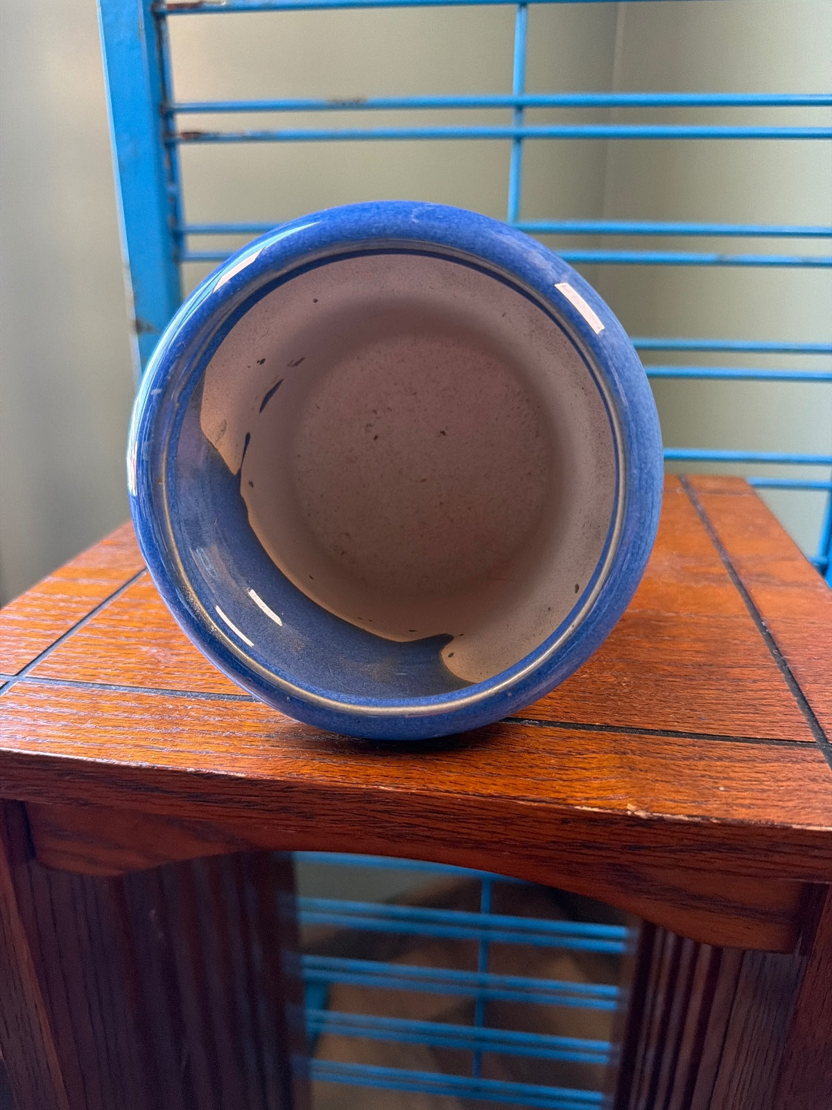 Vintage Ceramic Flower Pot with Blue Glazed Rim