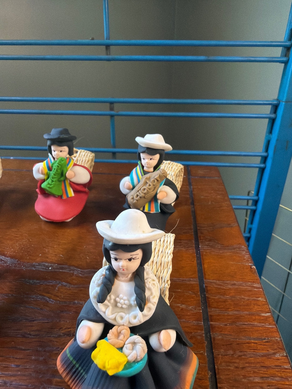 Set of 6 Handmade Peruvian Clay Figurines with Traditional Dress and Instruments