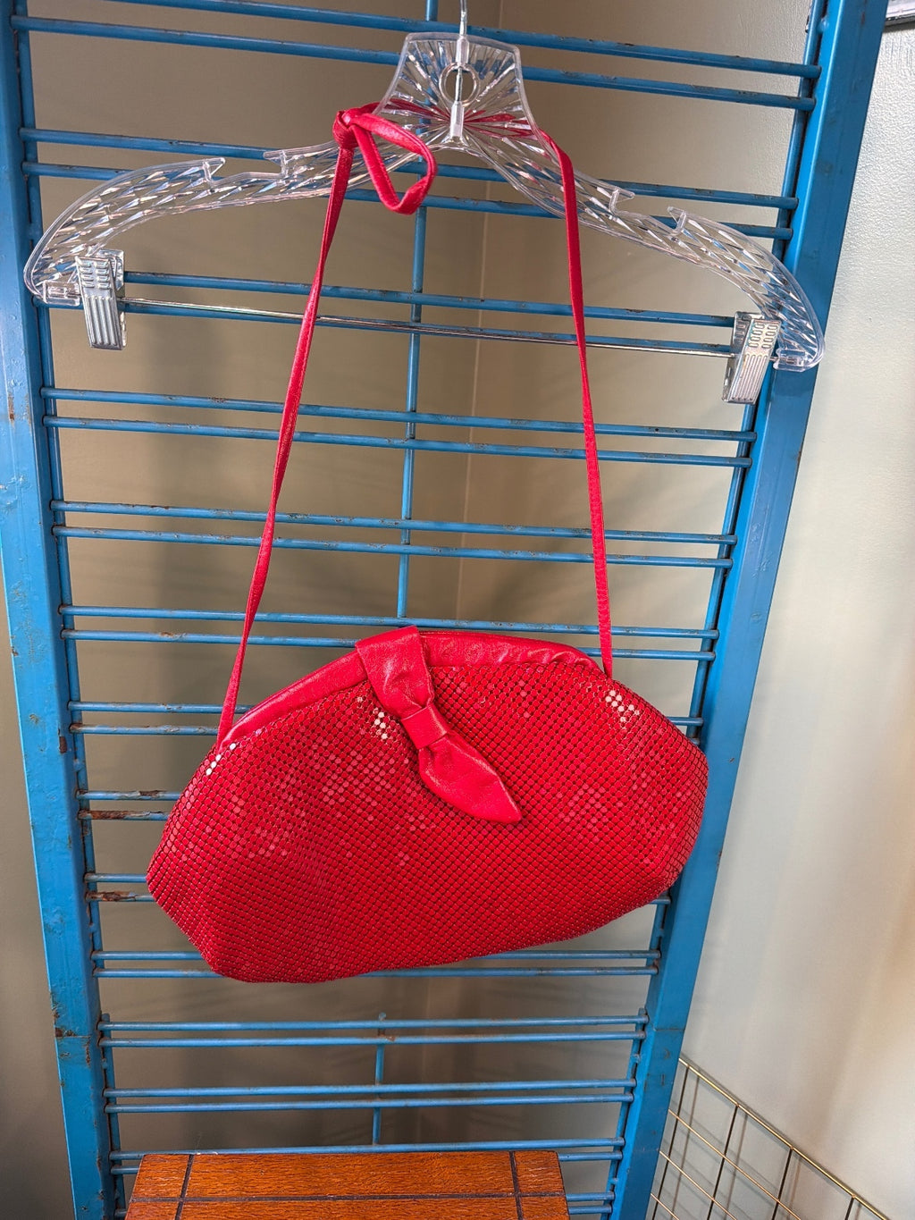 Red Sequin Evening Shoulder Bag with Bow Accent