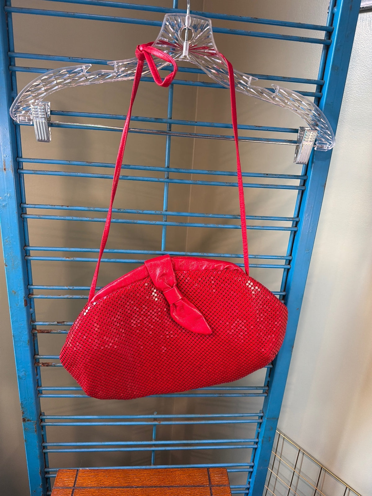 Red Sequin Evening Shoulder Bag with Bow Accent