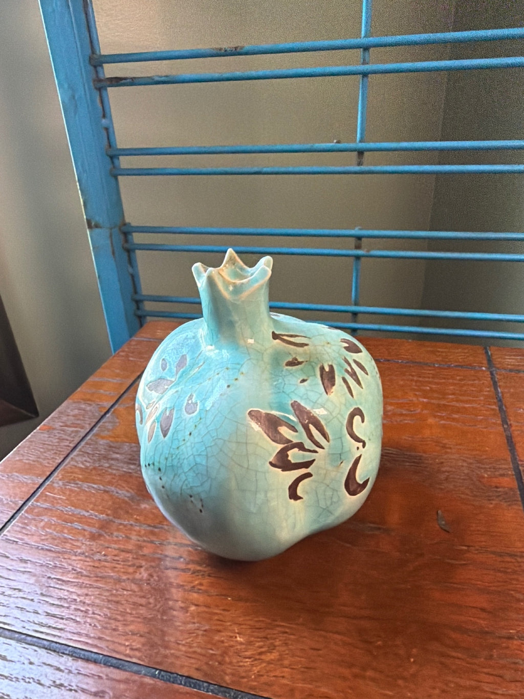 Turquoise Ceramic Pomegranate Art Vase with Brown Floral Design