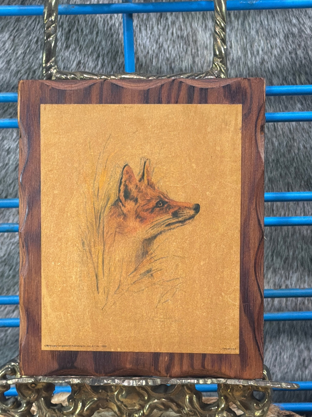 Vintage Fox Head Art Plaque on Wood Frame