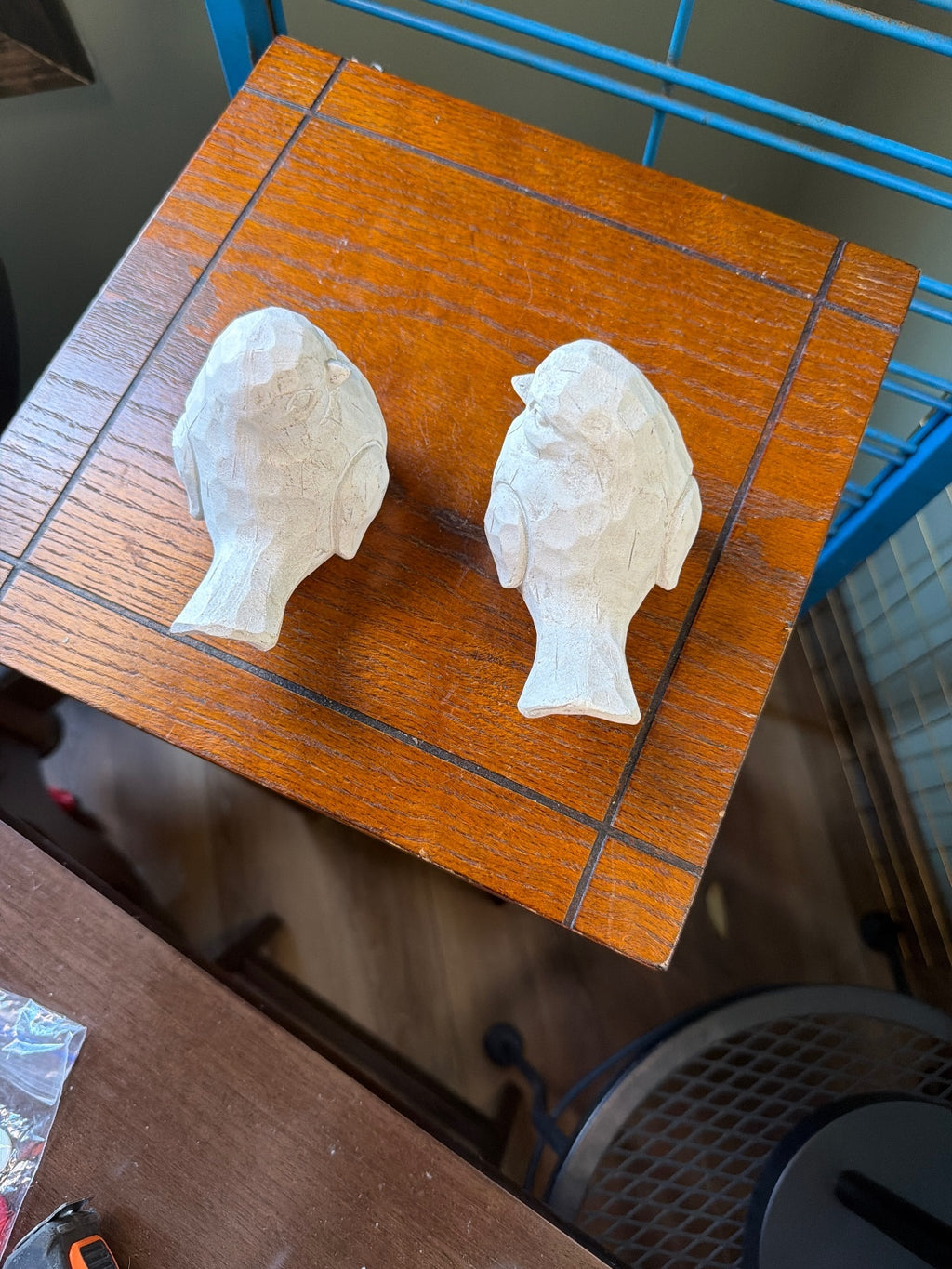 Hand-Carved White Wooden Bird Figurines Set of 2