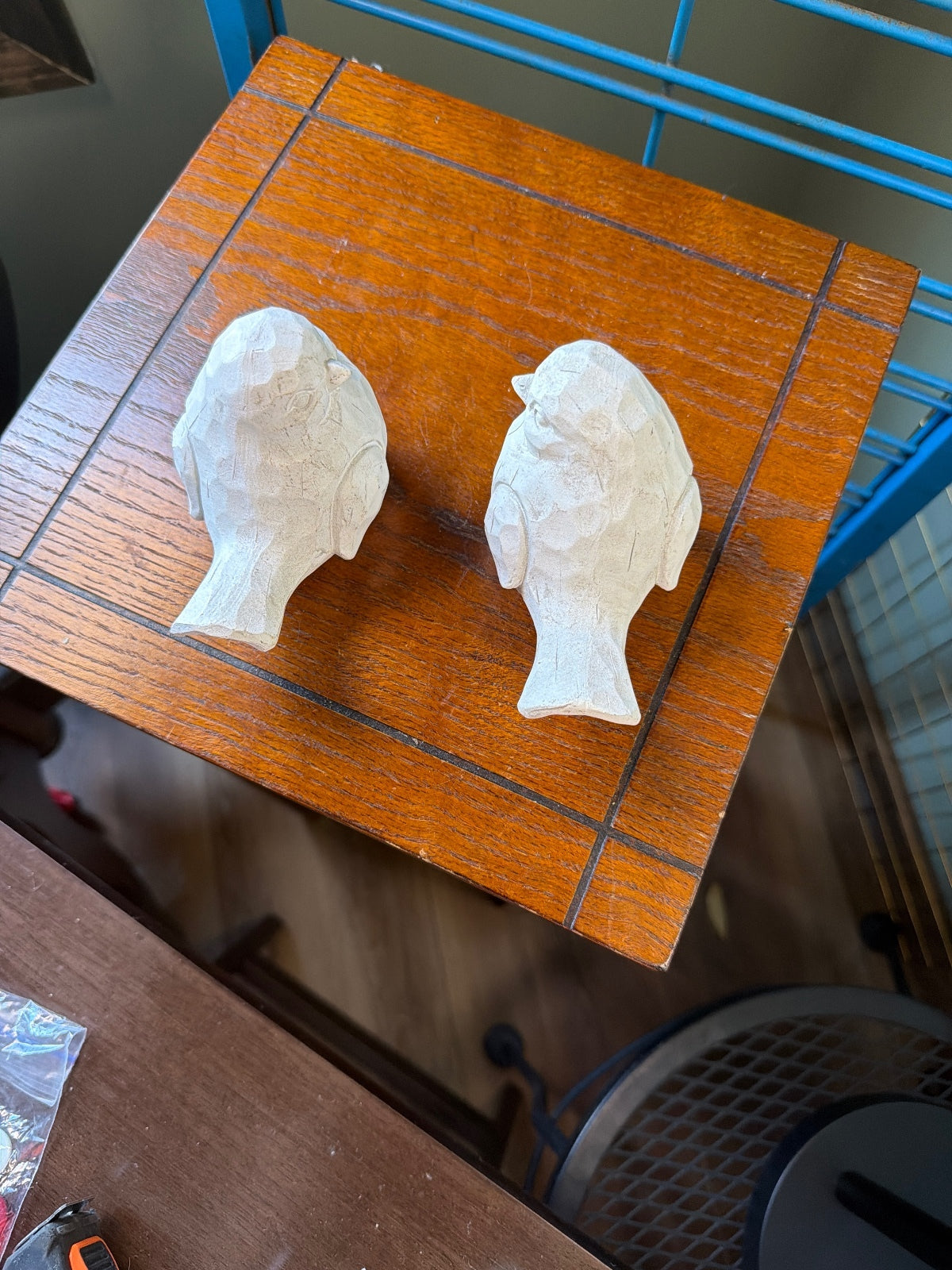 Hand-Carved White Wooden Bird Figurines Set of 2