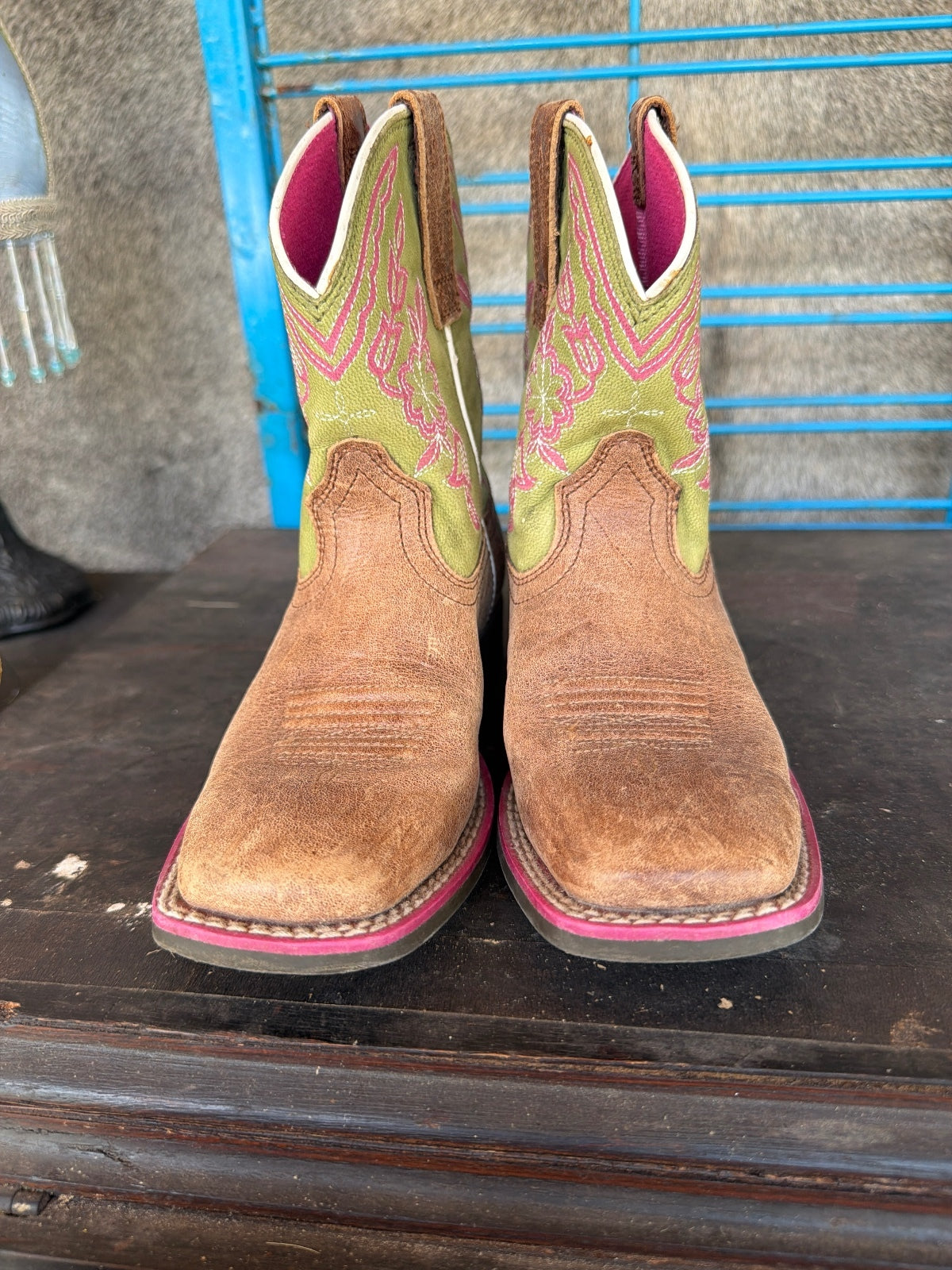 Ariat Girls Brown Leather Western Cowboy Boots with Green and Pink Embroidery,