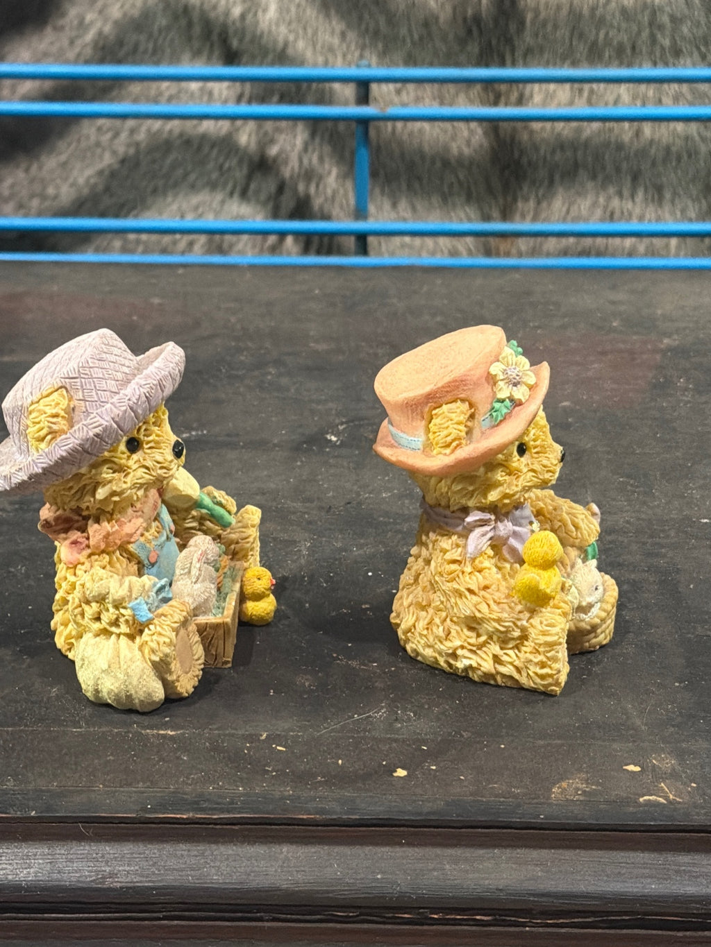 Pair of Vintage Cherub Bear Figurines with Hats and Springtime Theme