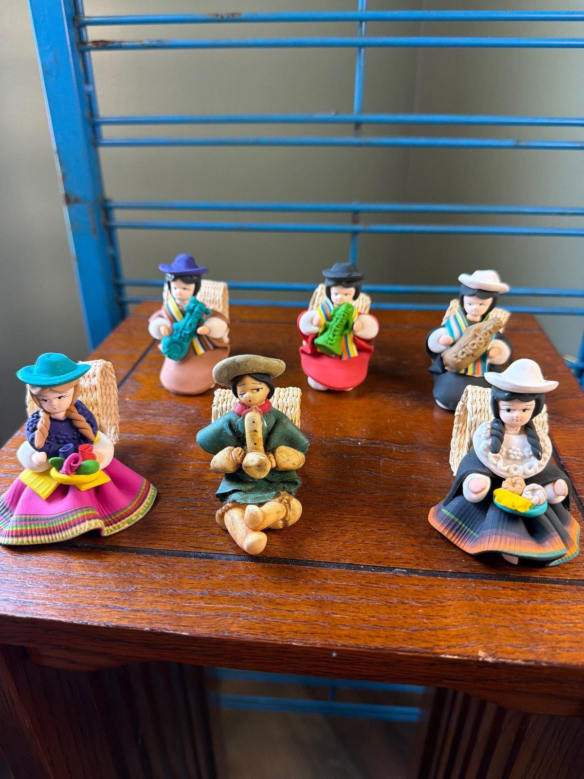 Set of 6 Handmade Peruvian Clay Figurines with Traditional Dress and Instruments