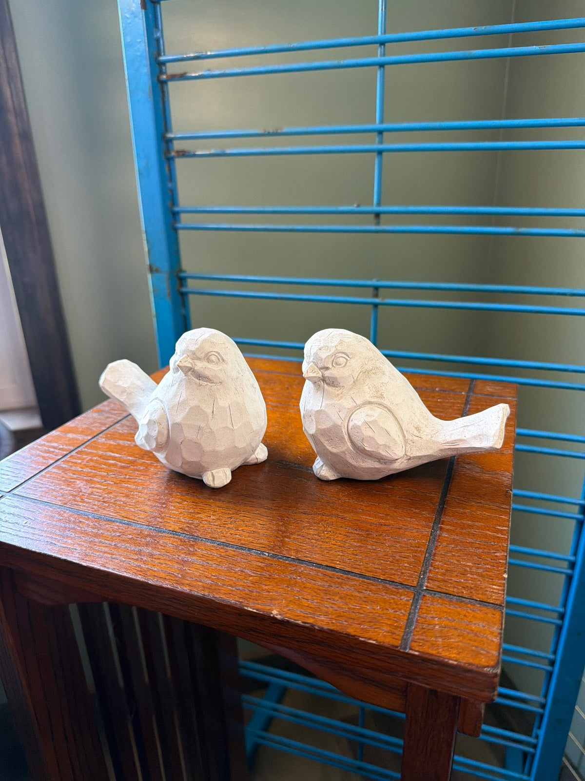 Hand-Carved White Wooden Bird Figurines Set of 2