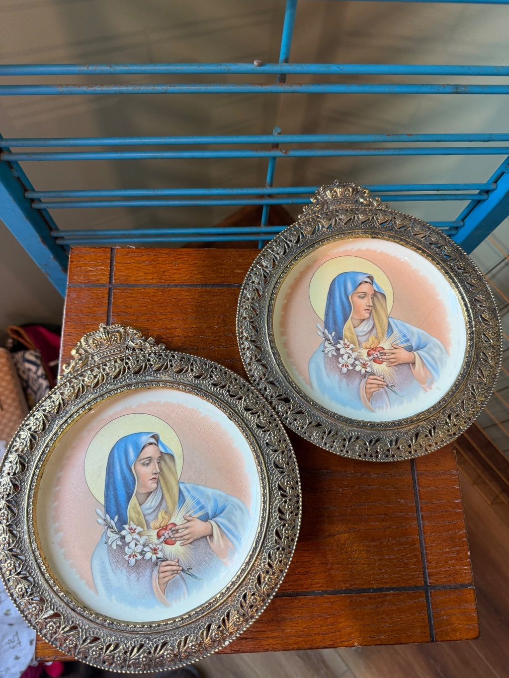 Pair of Vintage Religious Wall Plates with Ornate Metal Frames