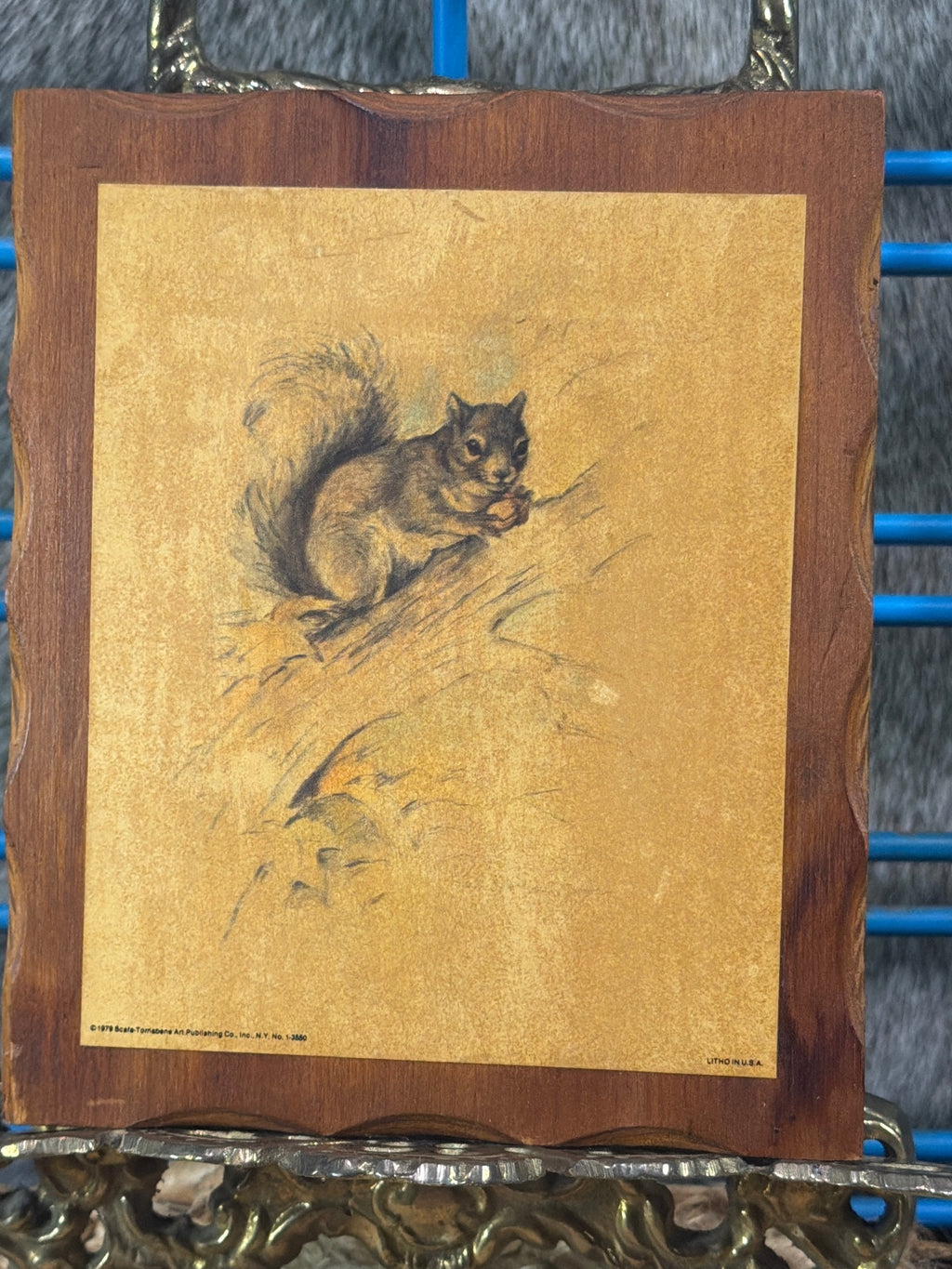 Vintage 1979 Squirrel Art Plaque on Wood Frame