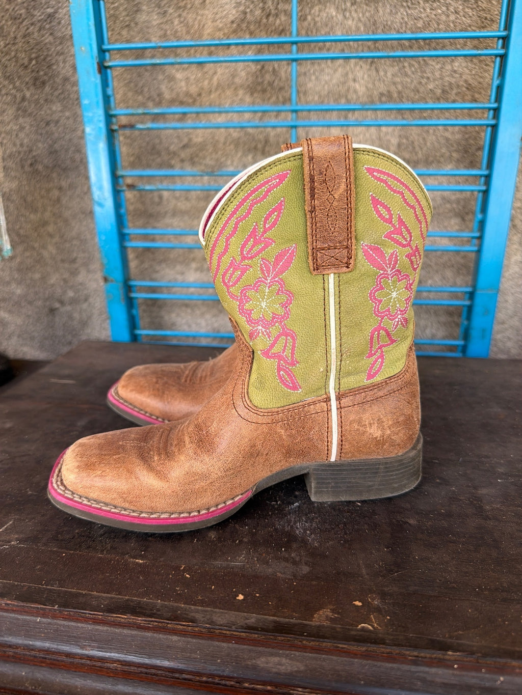 Ariat Girls Brown Leather Western Cowboy Boots with Green and Pink Embroidery,