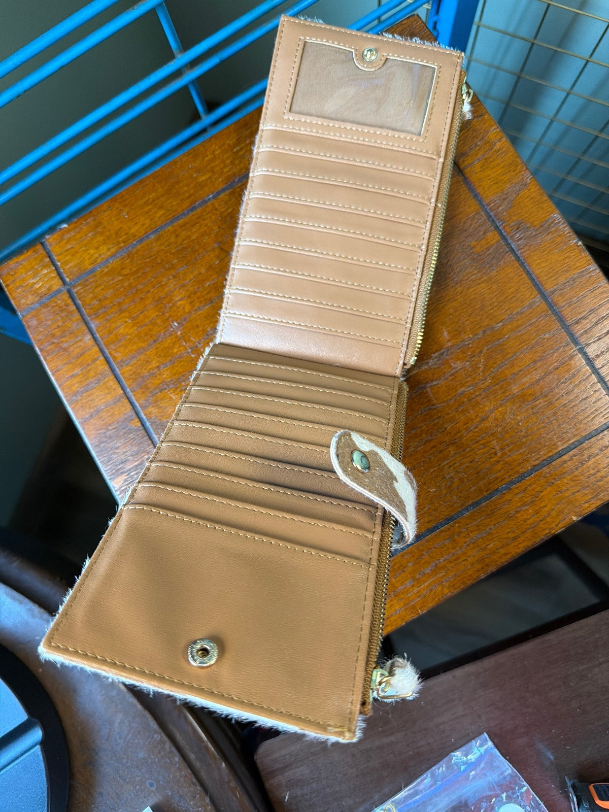Brown and Cream Cow Print Faux Fur Wallet with Multiple Card Slots