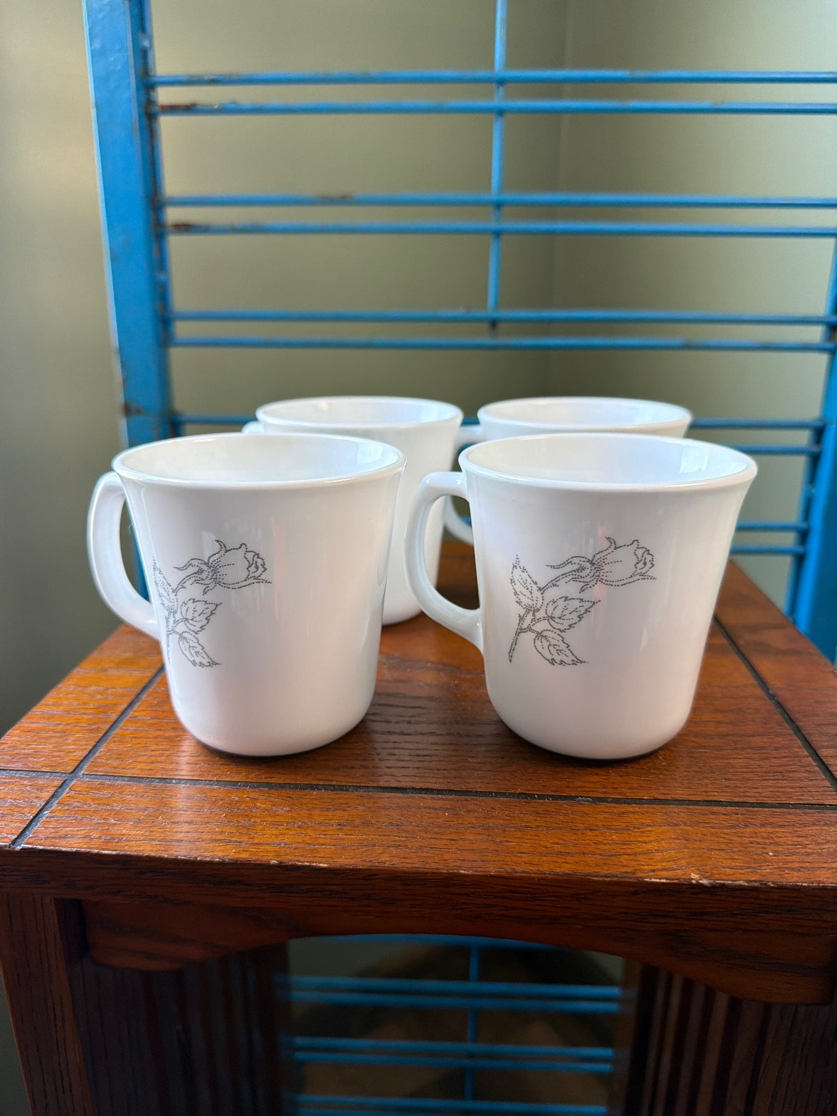 Set of 4 Vintage Corning White Coffee Mugs with Rose Design
