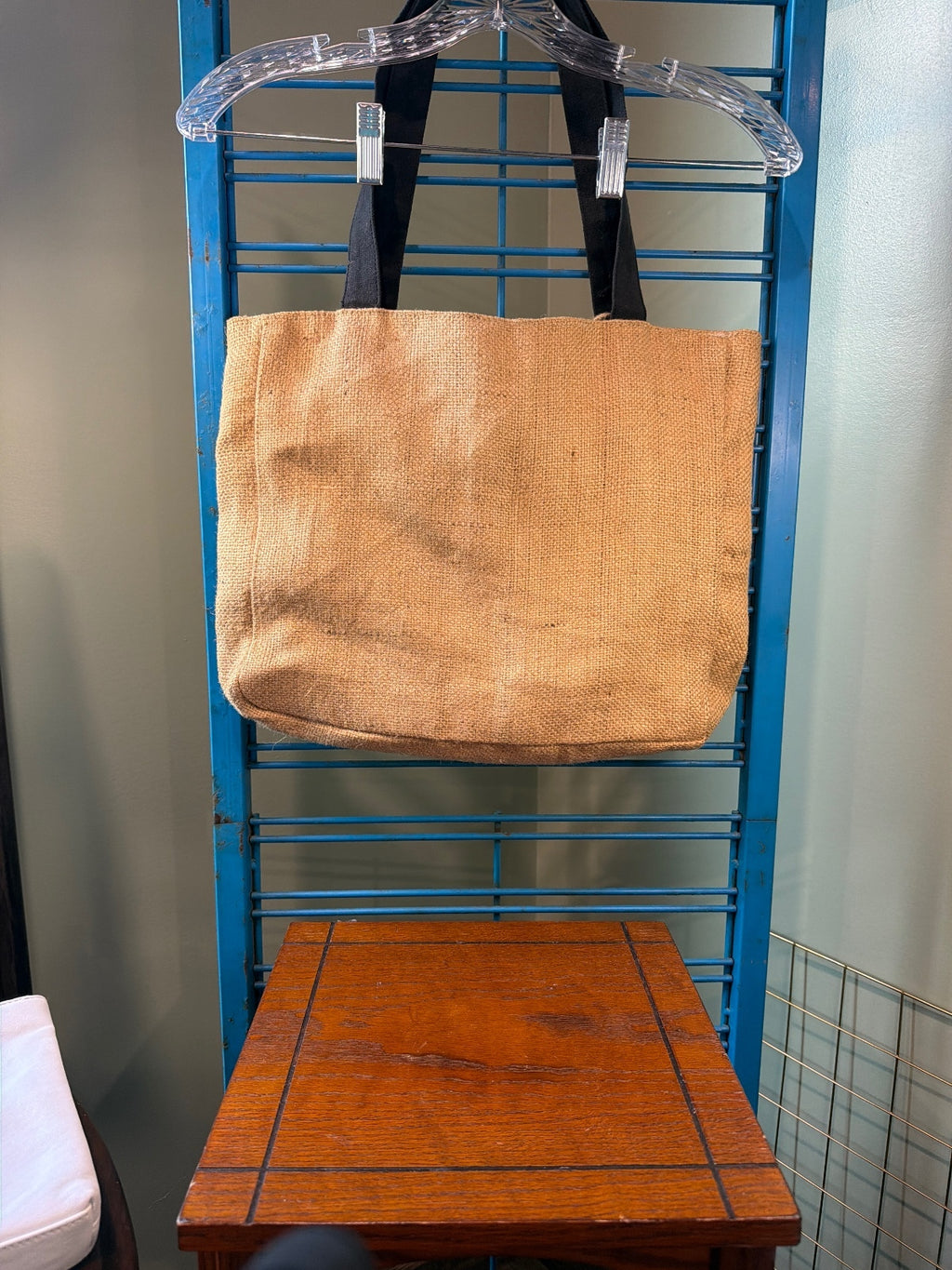 Vintage Style Burlap Tote Bag with Black Handles and Striped Interior
