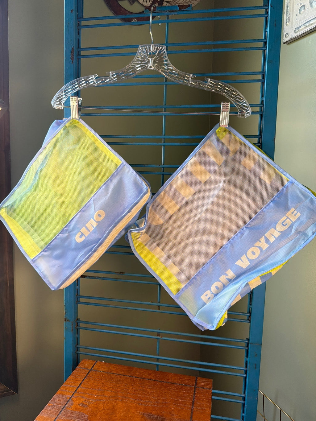 Set of 2 Blue and Yellow Mesh Travel Packing Cubes with 'Ciao' and 'Bon Voyage'