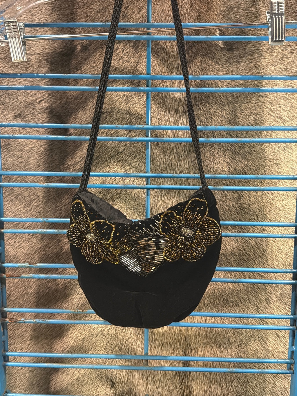 Vintage Black Beaded Evening Shoulder Bag with Floral Design