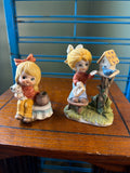 Vintage Ceramic Figurine Set of Two Children with Birdhouse and Puppy