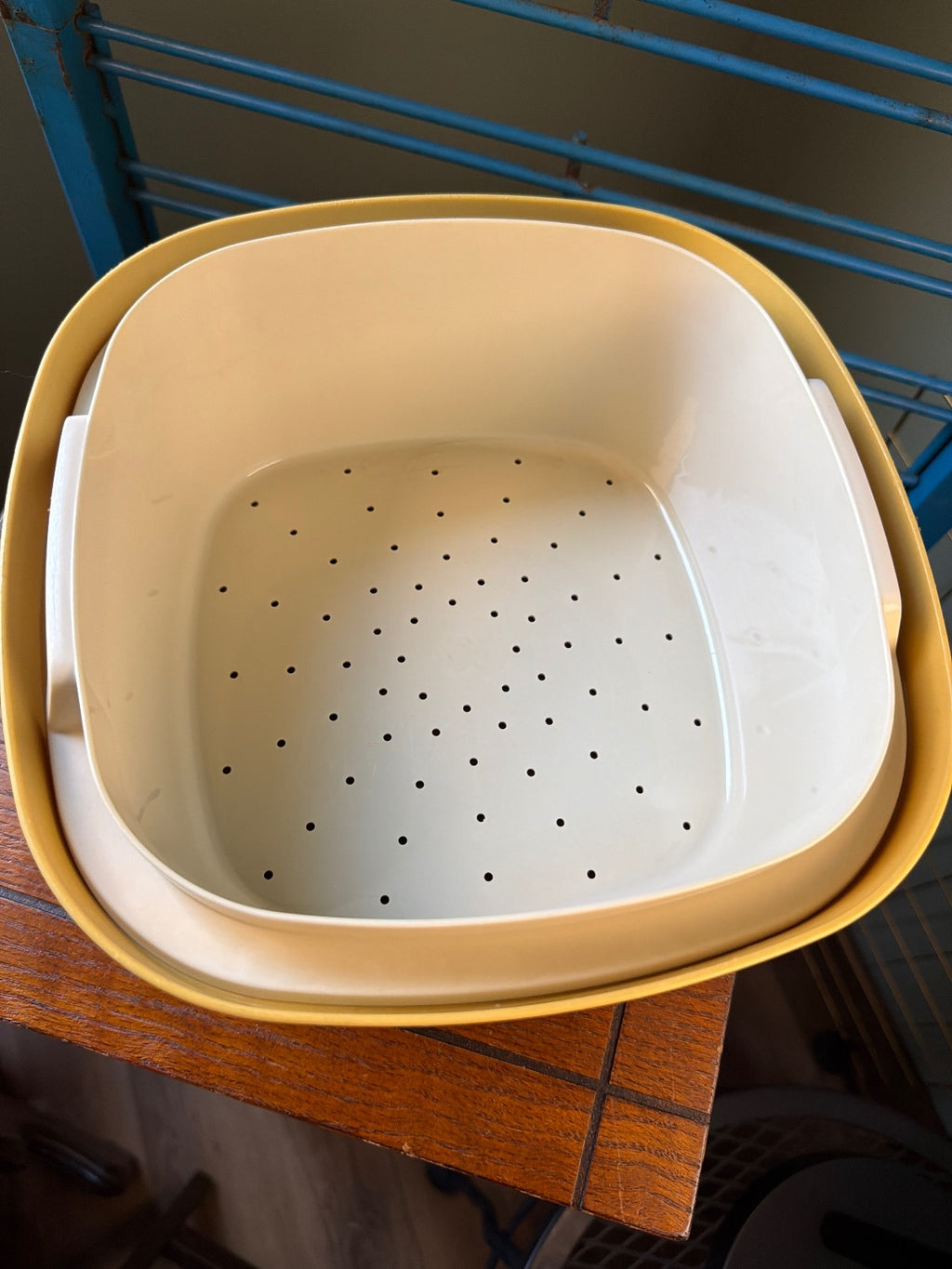 Vintage Tupperware Yellow and Cream Square Container with Lid and Colander