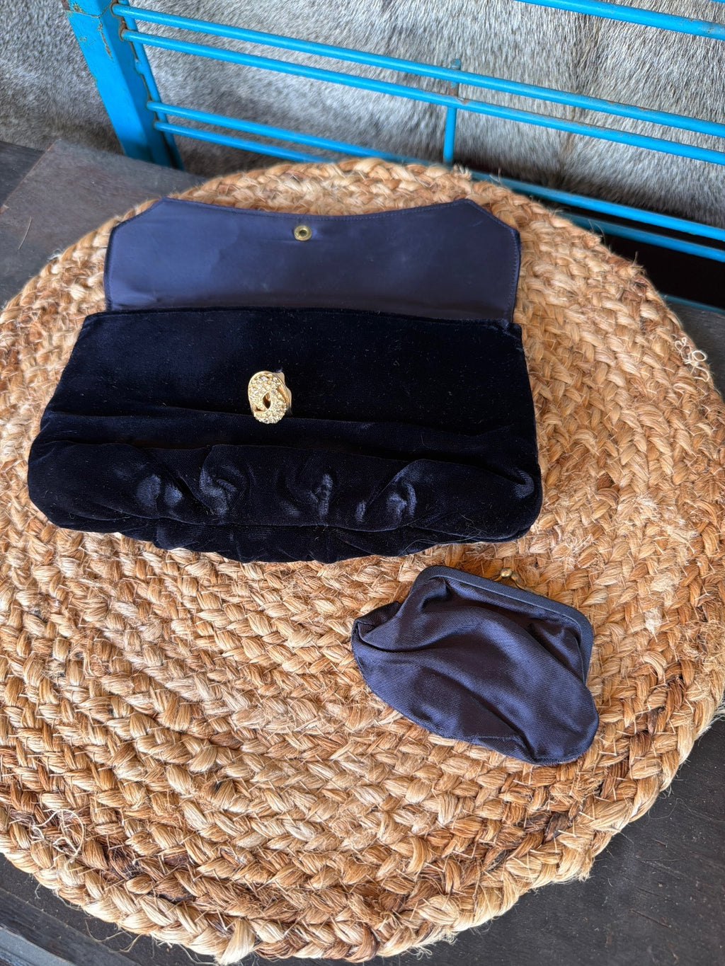 Vintage Garay Black Velvet Clutch with Gold Rhinestone Swan Clasp