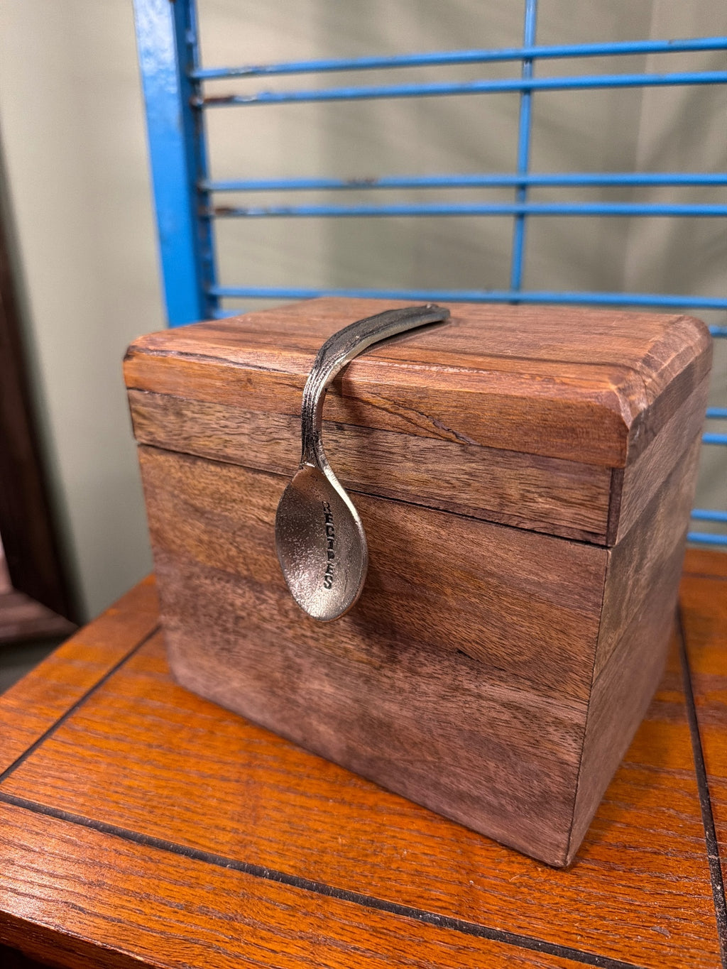 Wooden Recipe Box with Metal Spoon Handle
