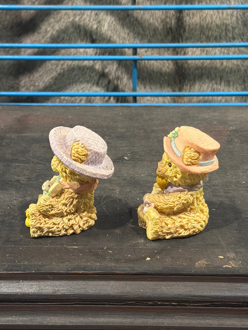 Pair of Vintage Cherub Bear Figurines with Hats and Springtime Theme