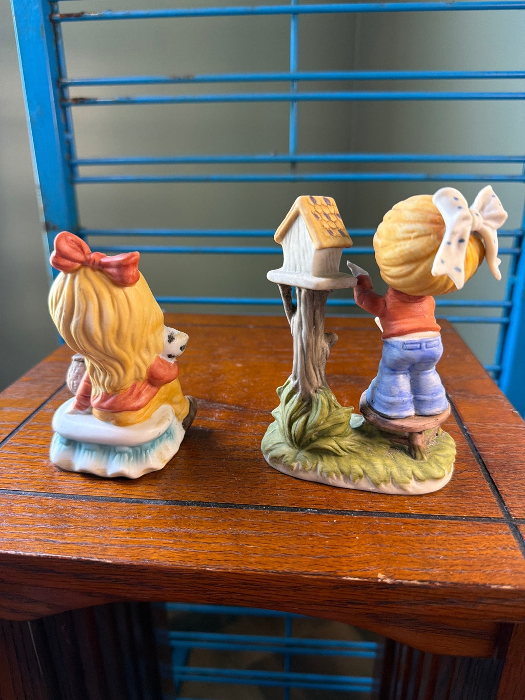Vintage Ceramic Figurine Set of Two Children with Birdhouse and Puppy