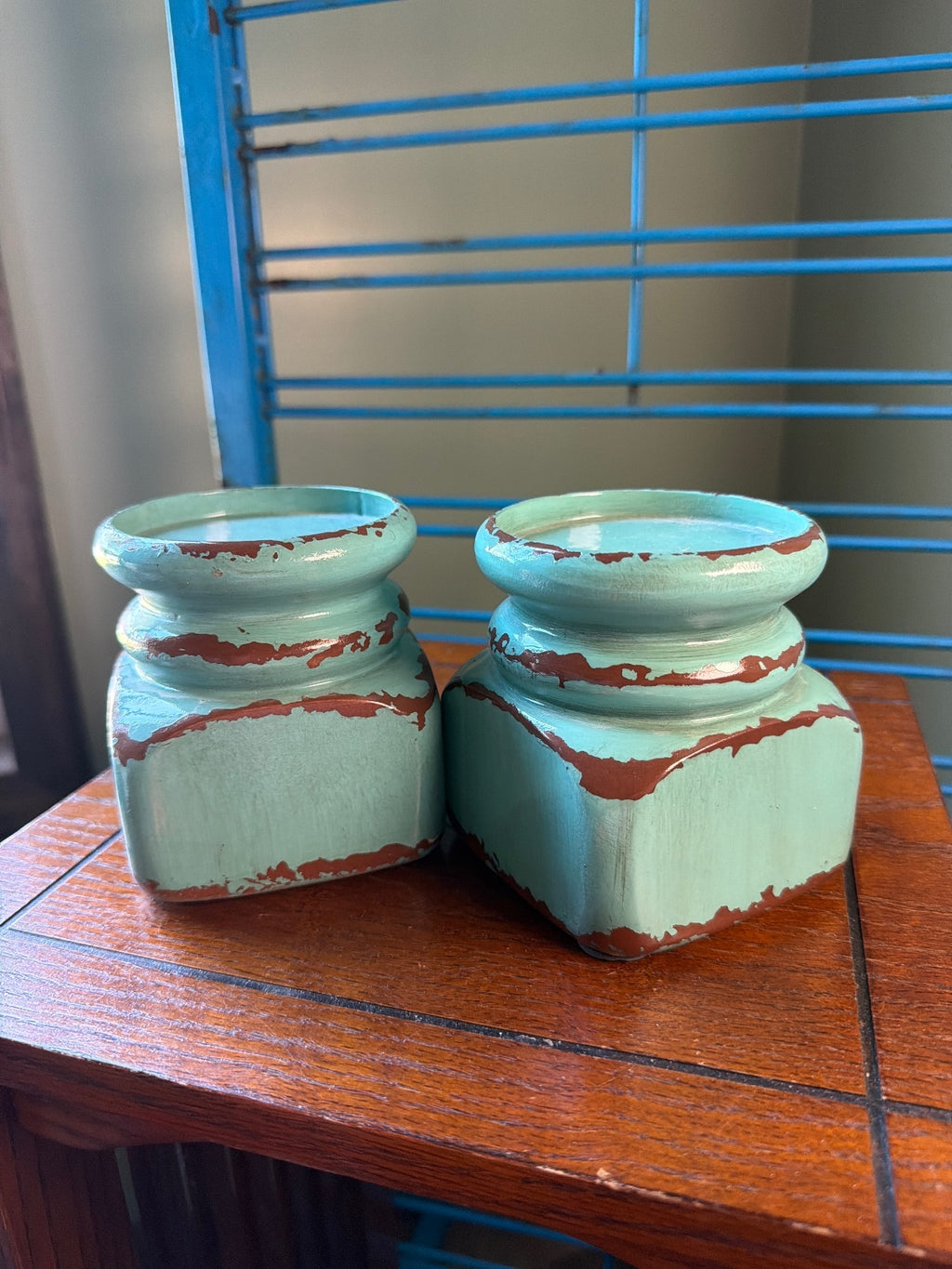 Pair of Vintage Distressed Turquoise Candle Holders