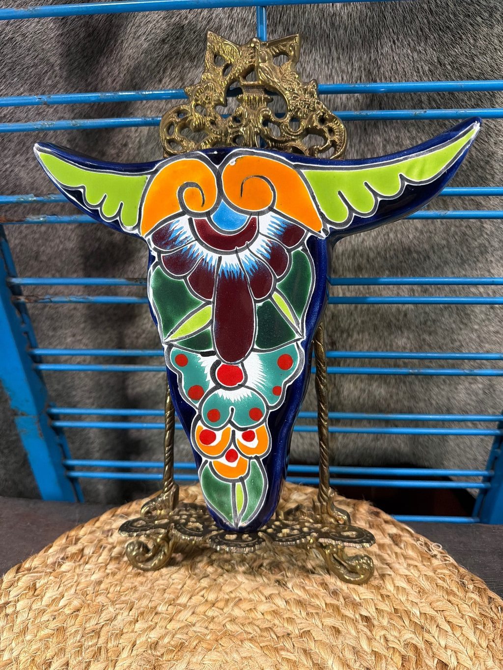 Hand-Painted Talavera Ceramic Bull Skull with Ornate Metal Stand