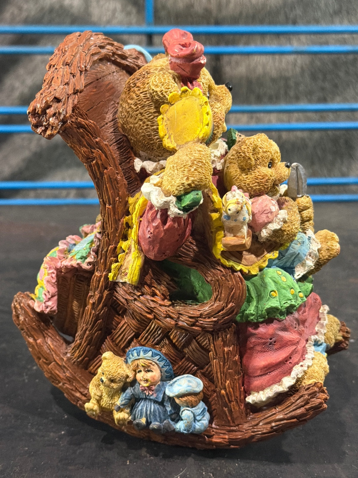Vintage Teddy Bear Family Music Box Figurine with Rocking Chair