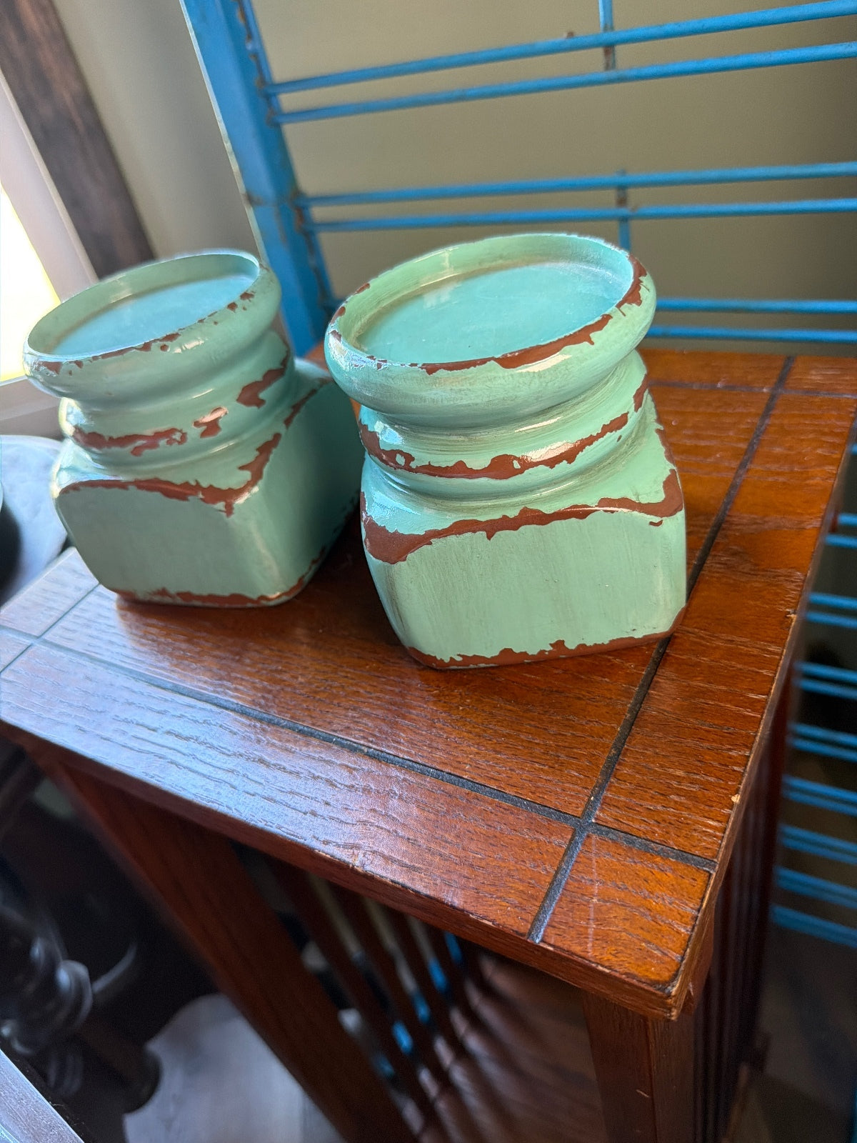Pair of Vintage Distressed Turquoise Candle Holders
