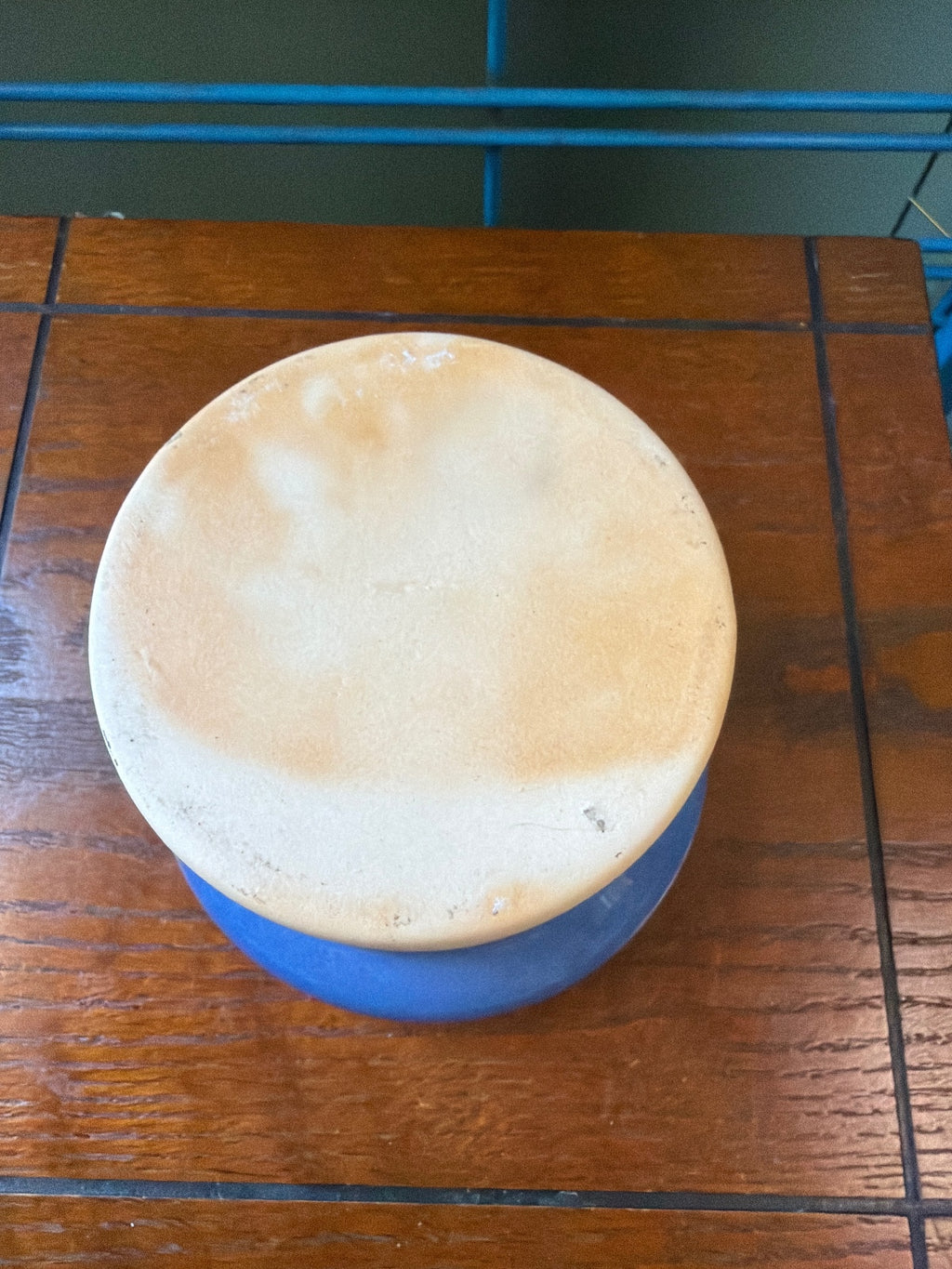 Vintage Ceramic Flower Pot with Blue Glazed Rim