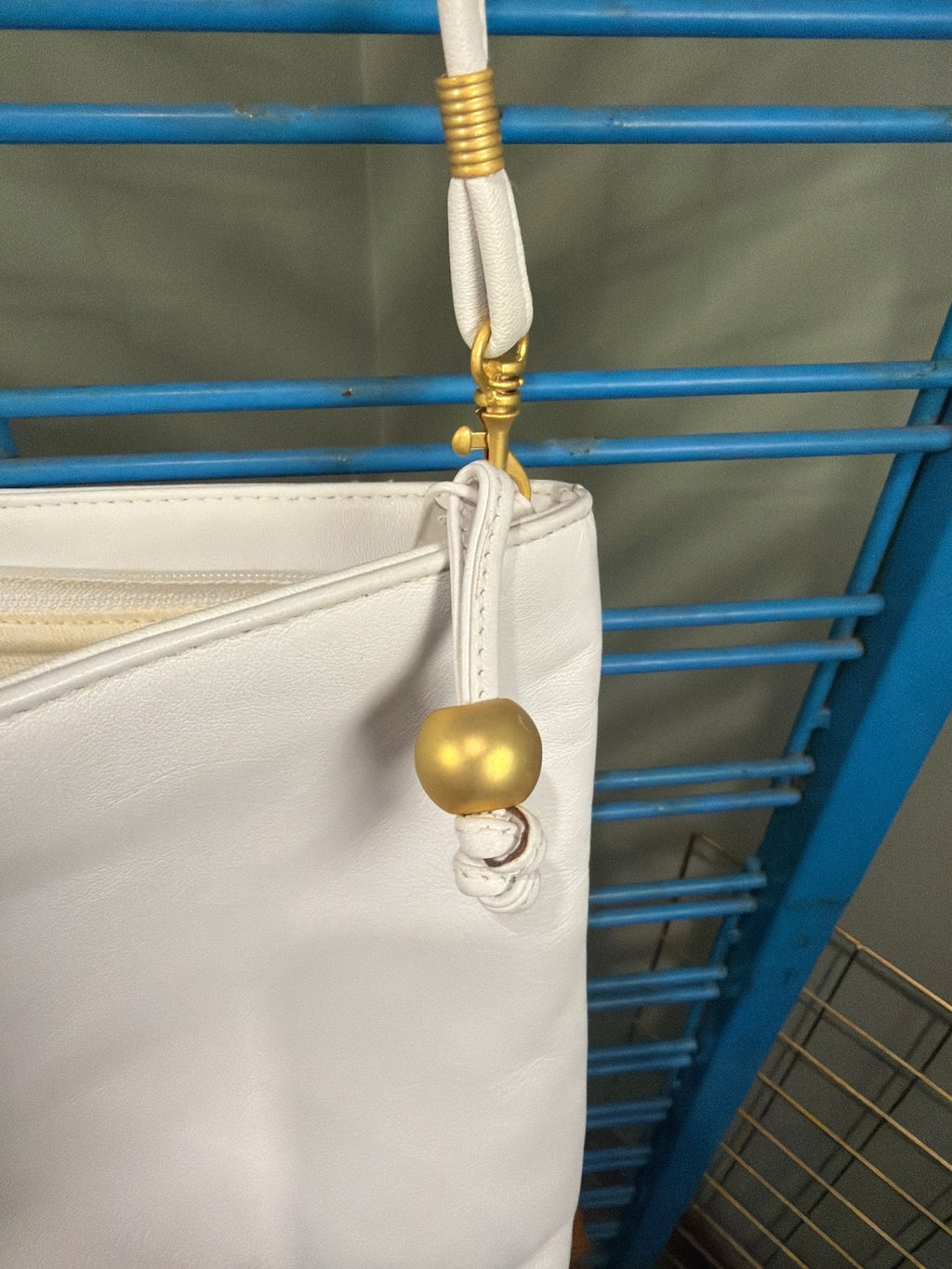 White Leather Crossbody Shoulder Bag with Gold Accents