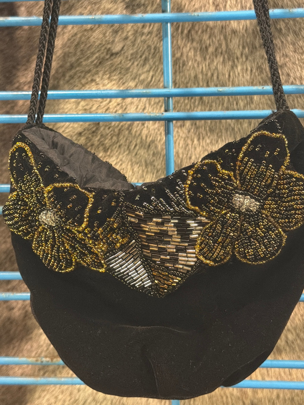 Vintage Black Beaded Evening Shoulder Bag with Floral Design