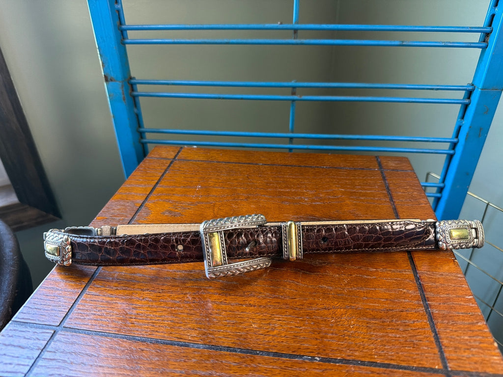 Brighton Brown Croc-Embossed Leather Belt with Decorative Buckle