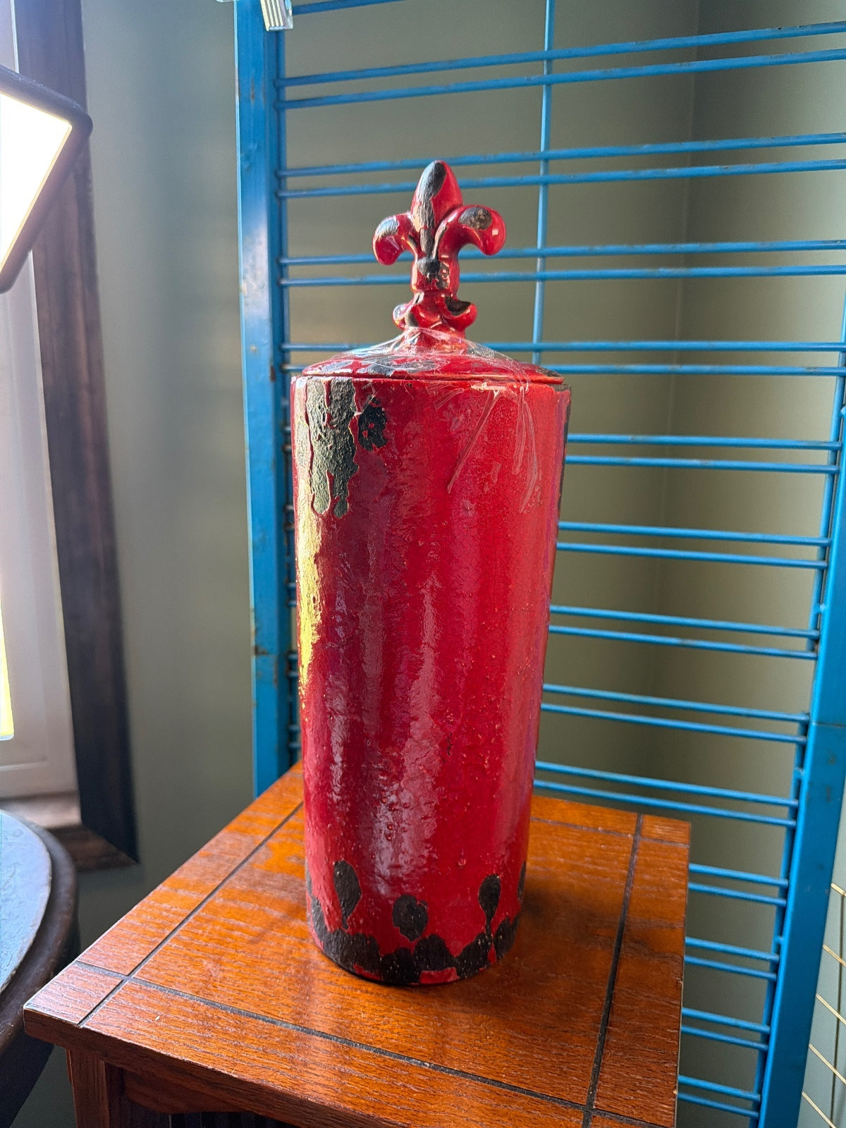 Tall Red Ceramic Decorative Jar with Fleur-de-lis Lid