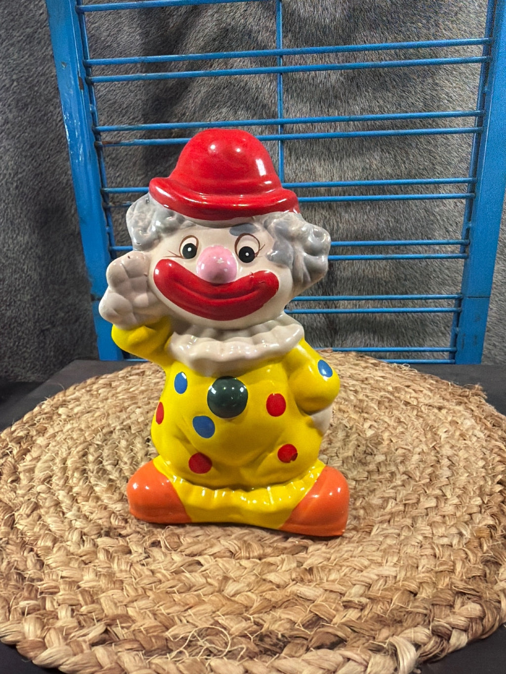 Vintage Ceramic Clown Coin Bank with Red Hat and Yellow Outfit