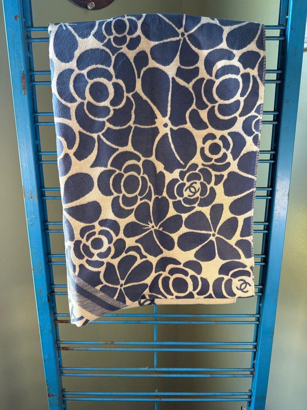 Chanel Floral Pattern Scarf Shawl in Navy and Cream