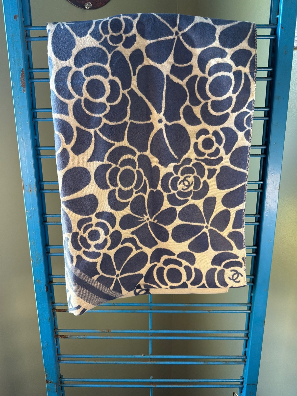 Chanel Floral Pattern Scarf Shawl in Navy and Cream