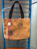 Vintage Style Burlap Tote Bag with Black Handles and Striped Interior