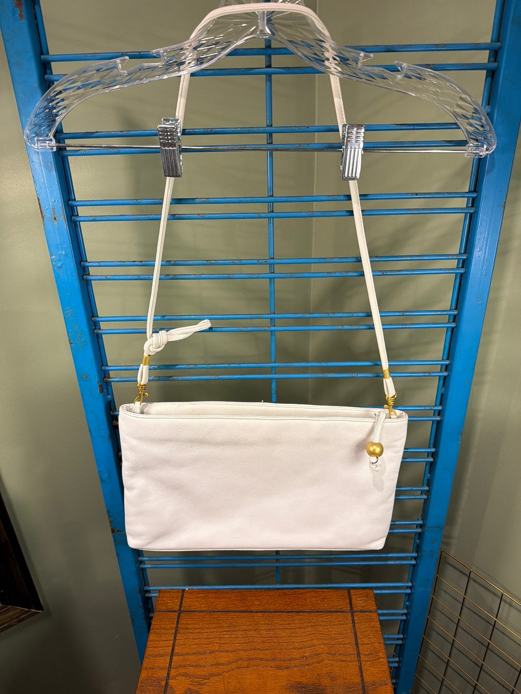 White Leather Crossbody Shoulder Bag with Gold Accents