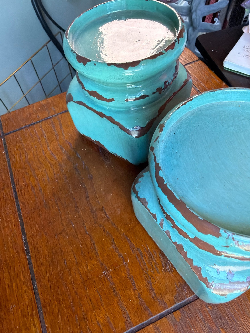 Pair of Vintage Distressed Turquoise Candle Holders