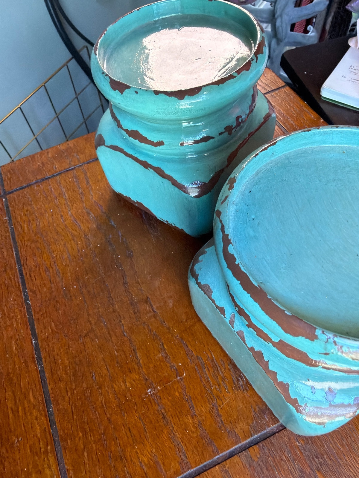Pair of Vintage Distressed Turquoise Candle Holders