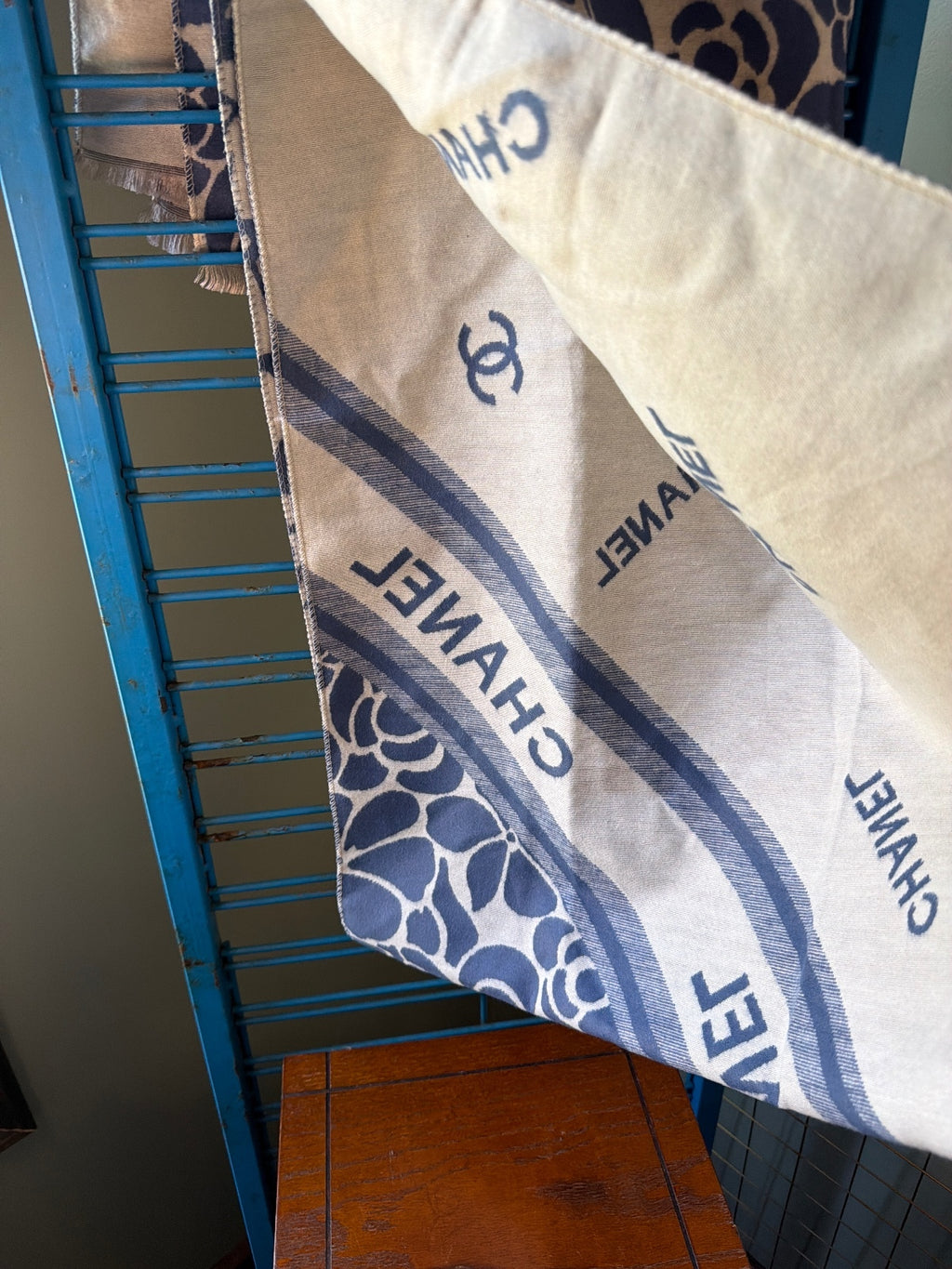 Chanel Floral Pattern Scarf Shawl in Navy and Cream